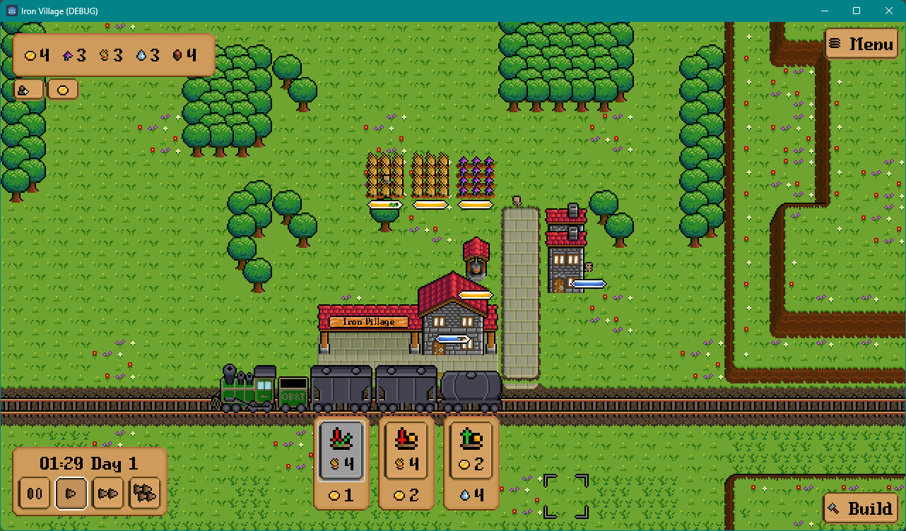 A screenshot of Iron Village. A second train has arrived, looking to buy wheat and sell water.